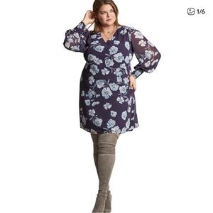 Cabi 4018 Ellery Purple Floral Long Sleeve V Neck Dress Size XXL